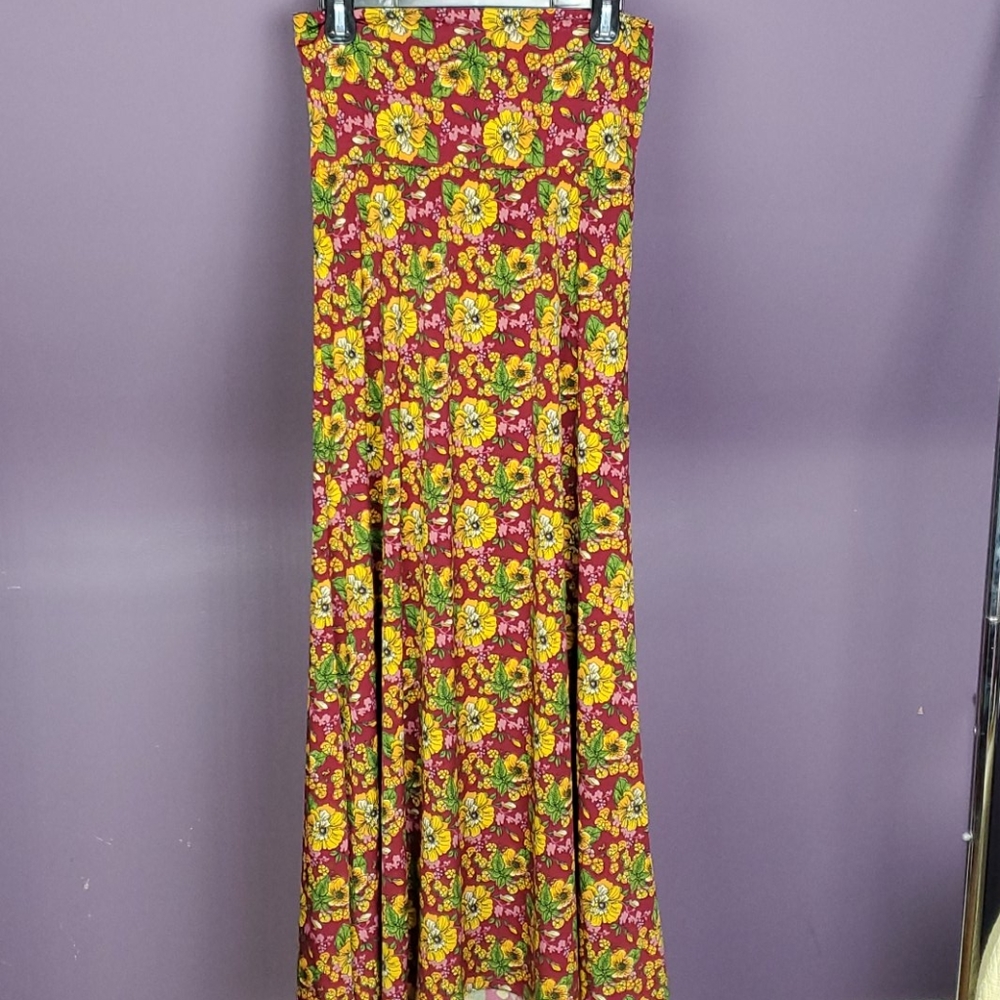 Floral Maxi Skirt in Burgundy and Yellow - Women's Skirt Maxi